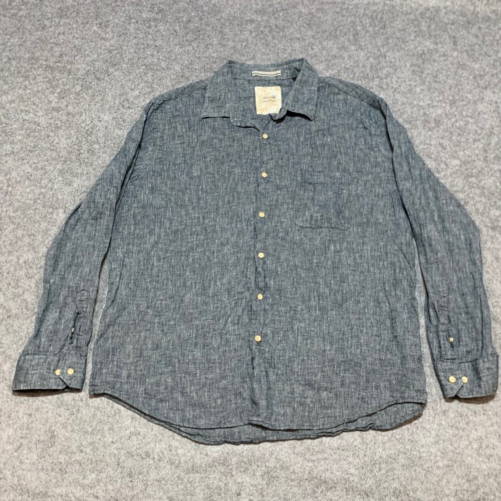 Tasso Elba Island Mens XL Blue Linen Cotton Roll Tab Long Sleeve‎ Button Shirt